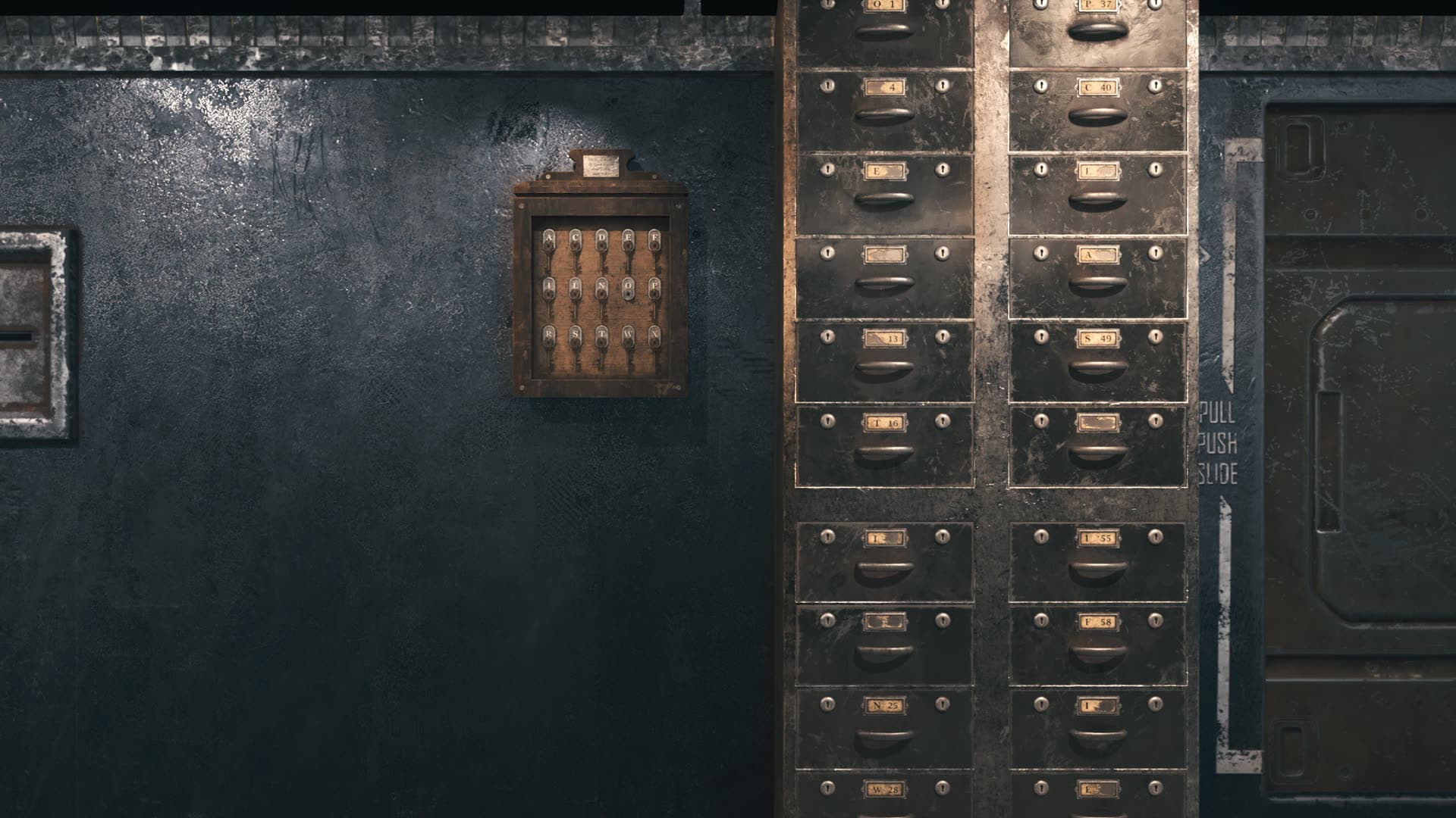 Wall of lettered and numbered archive drawers next to a key cabinet