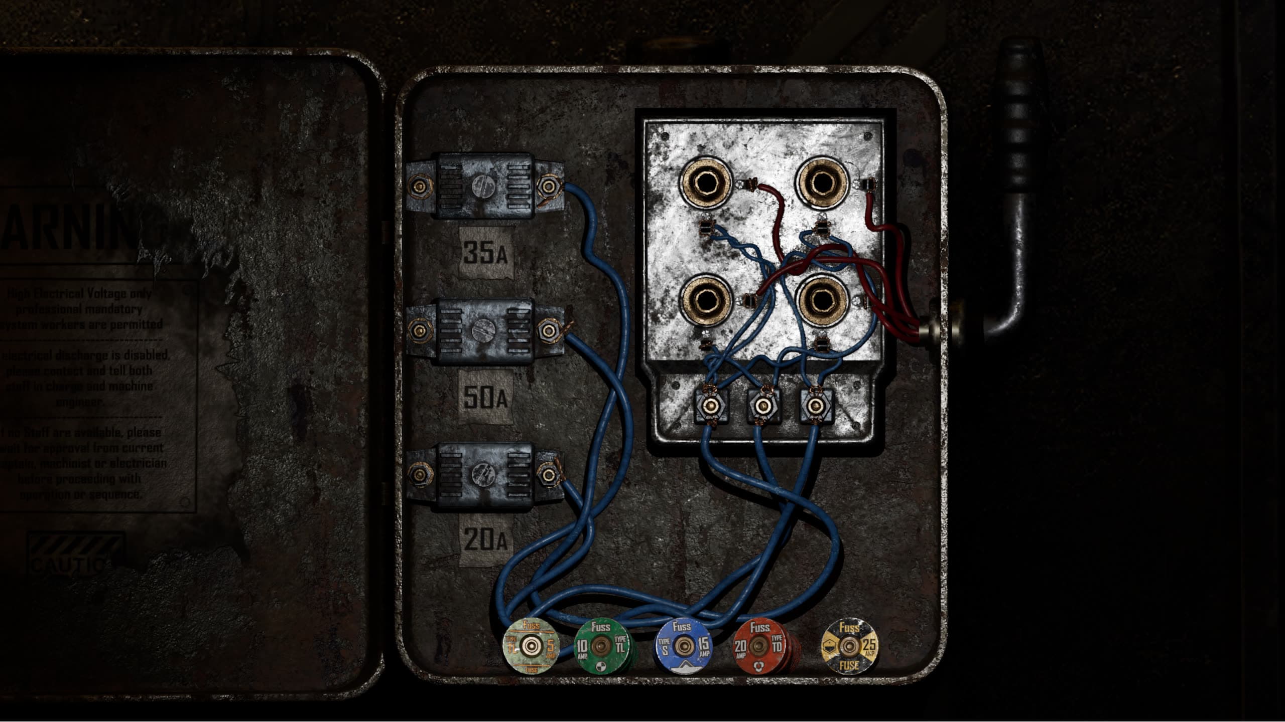 Open fuse box with colored amp fuses, wiring, and a warning placard