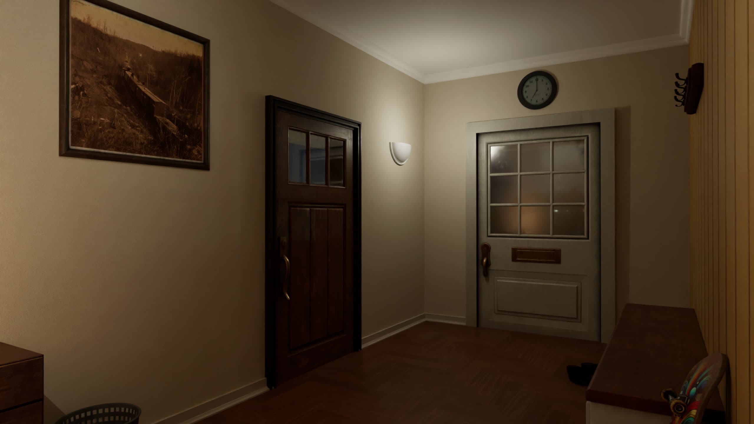 A dim hallway with a wall clock and a sepia photograph of a train