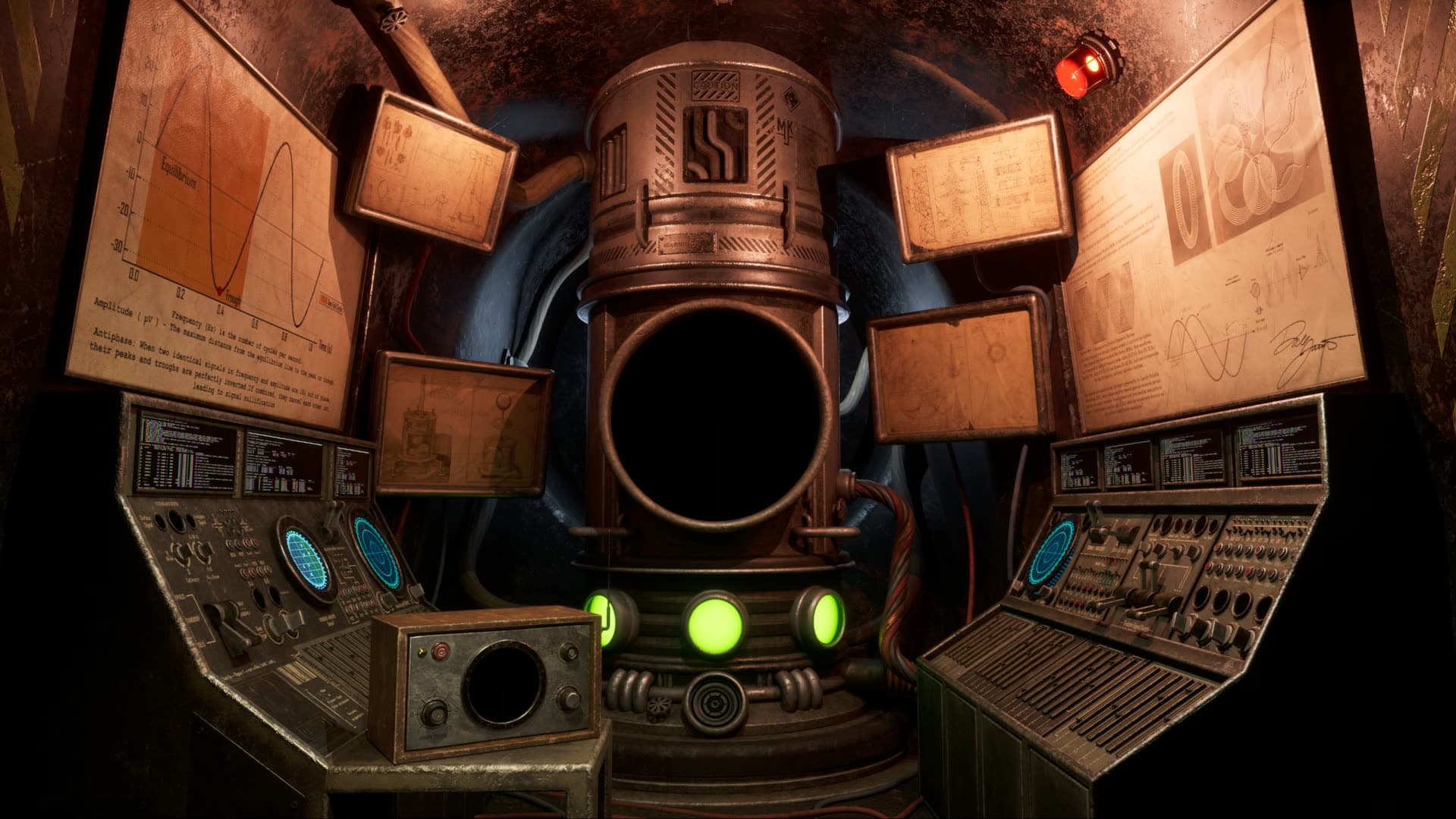Copper warp-machine chamber with glowing green portholes and dual radar consoles