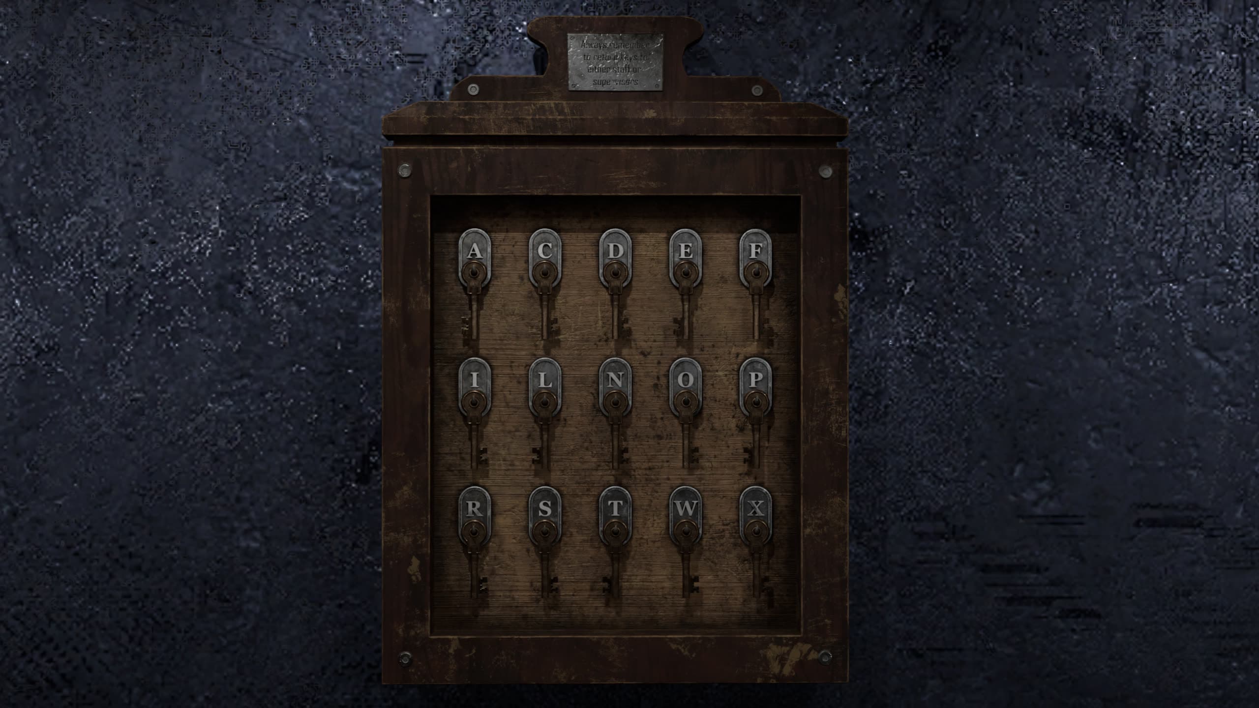Wooden key cabinet with lettered brass hooks, several keys missing