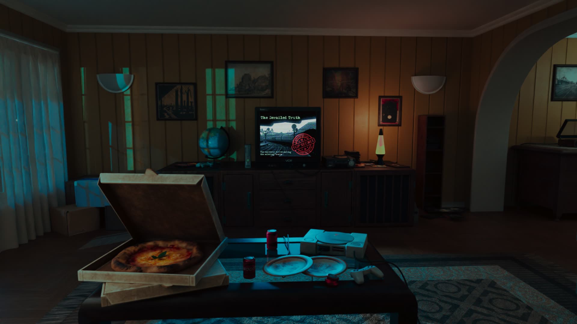 A 1990s living room where the TV shows the documentary "The Derailed Truth" stamped TOP SECRET