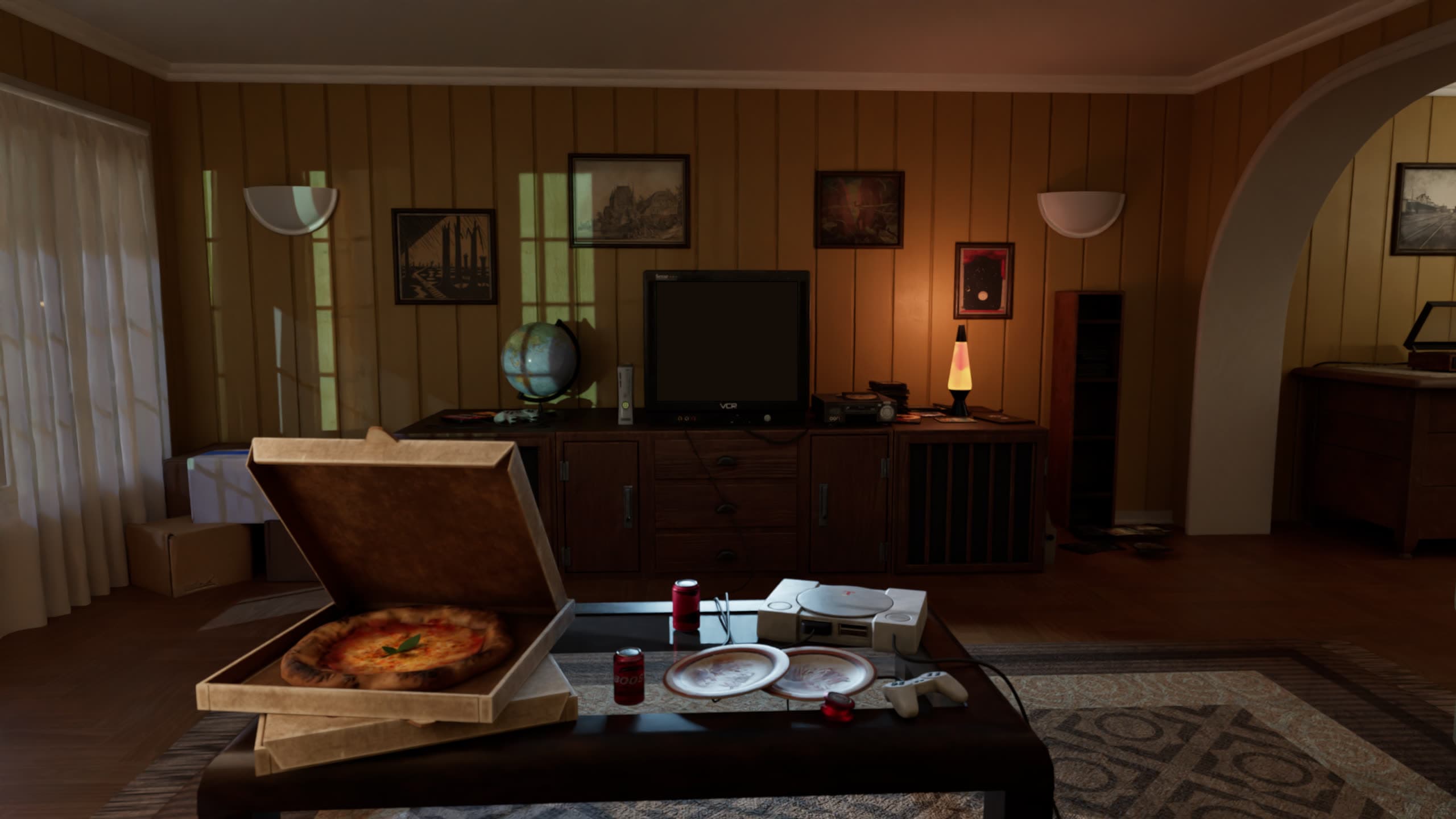 A 1990s living room with a CRT television, games console, and a framed train picture on the wall