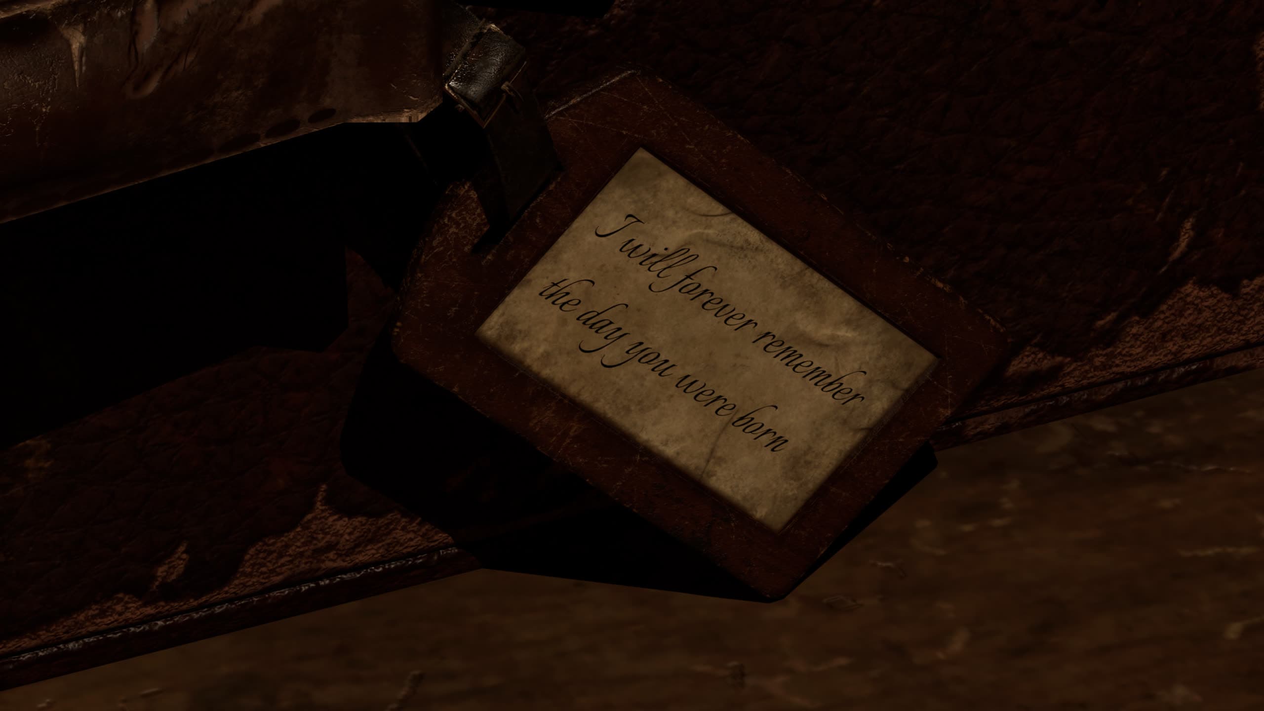 A leather luggage tag handwritten with "I will forever remember the day you were born"