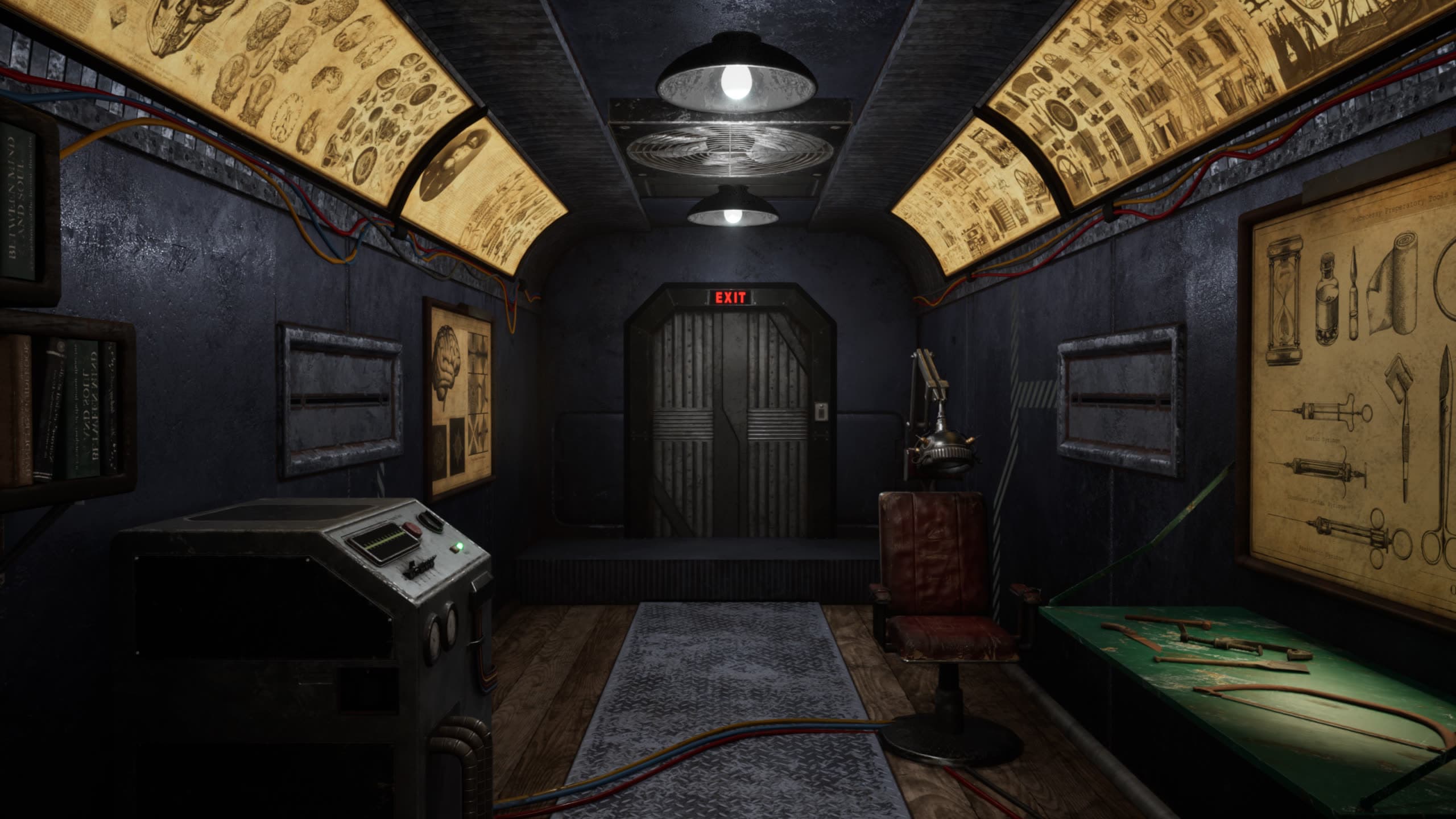Train car interior with backlit anatomy panels, an experiment chair, and a red EXIT door
