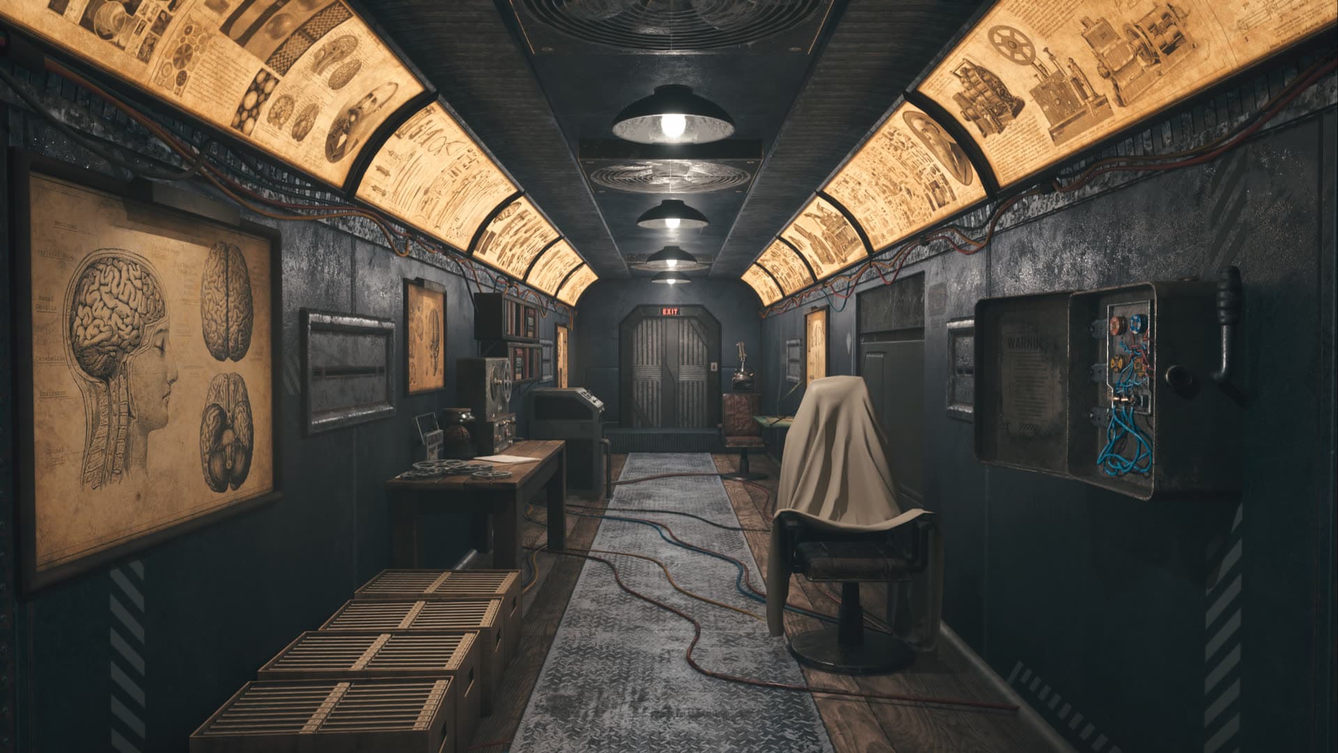 Train car with backlit brain-anatomy panels, film reels, and a sheet-covered chair