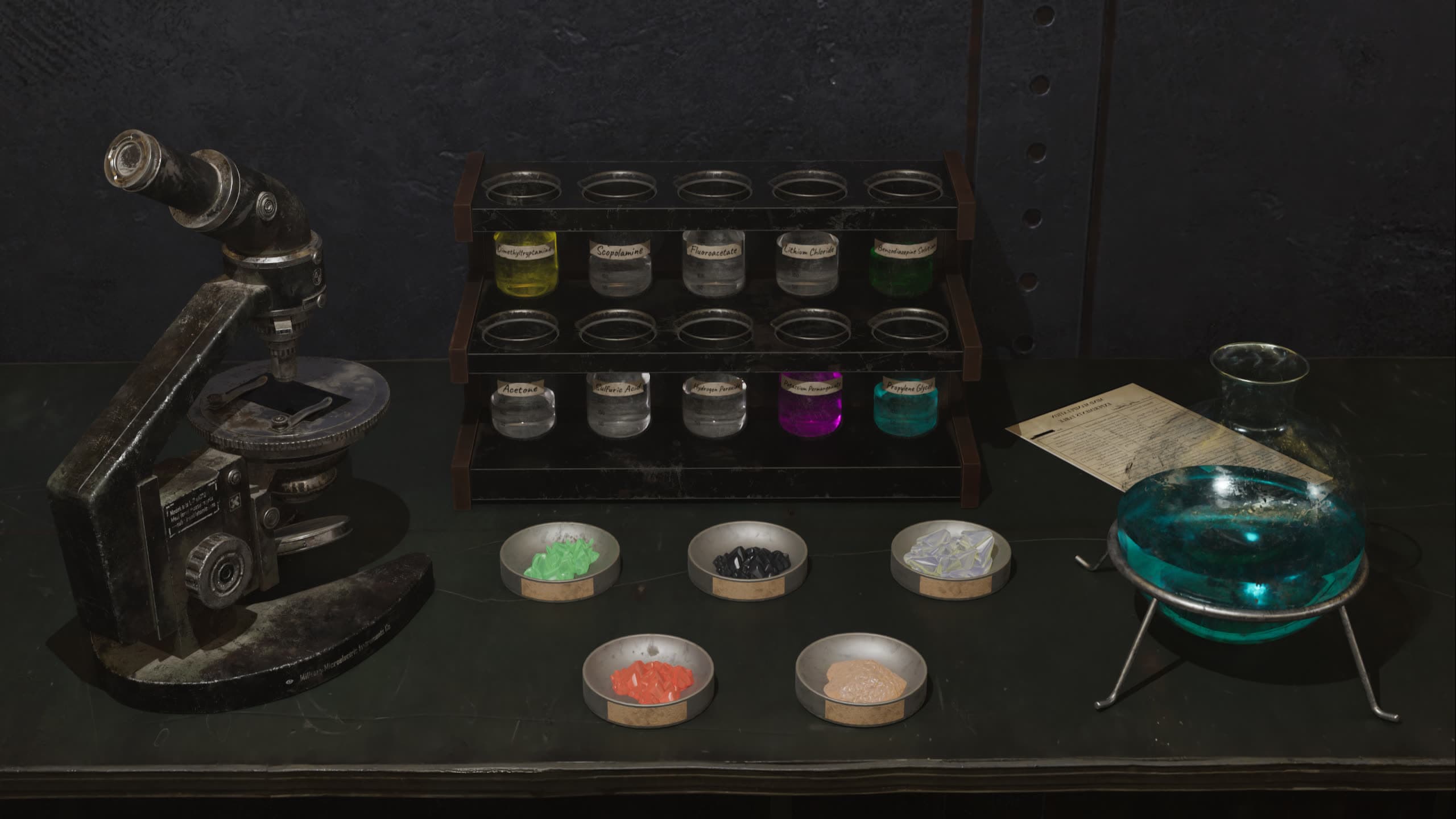 Chemistry bench with a vintage microscope and ten labeled reagent beakers