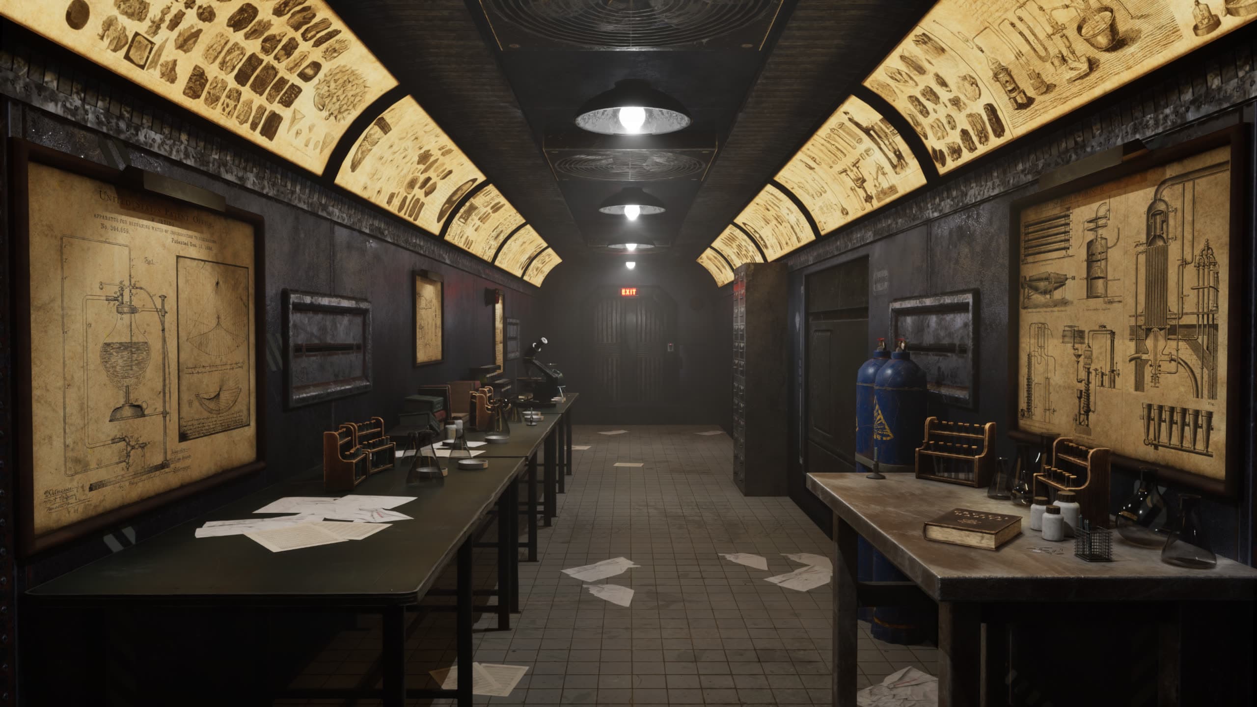 Laboratory corridor with backlit patent drawings, workbenches, flasks, and gas cylinders